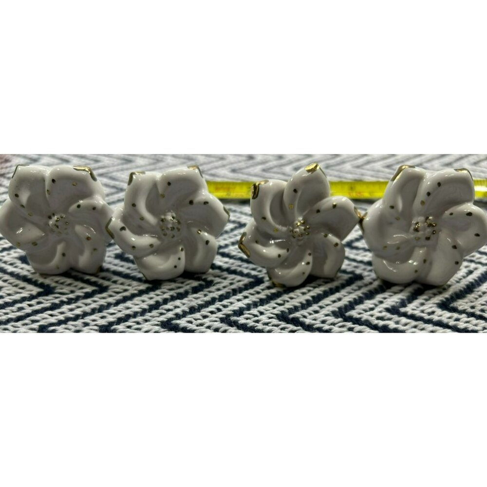 Set Of 4 White Ceramic Flower Cabinet Knobs With Gold Accents For Drawers Doors - Picture 2 of 4